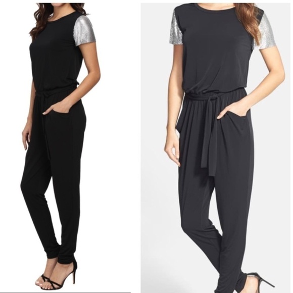 Michael Kors Black Metallic Mesh Sleeve Jumpsuit Size XS - Picture 3 of 6